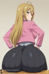 1female 1girl 1girls 2026 ahoge ai_generated artist_name ass big_ass big_breasts black_skirt blonde_hair blush breasts cardfight!!_vanguard curvy from_behind green_eyes hair_ornament hairclip hi_res high_quality high_resolution highres huge_ass huge_breasts jacket large_breasts long_hair long_sleeves looking_at_viewer looking_back okura_megumi patreon patreon_username pleated_skirt school_uniform sitting skirt smile solo unjobdespiert watermark