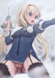 armpits blonde_hair blue_eyes blush bottomless breasts breath dress eve_roland female garter_belt garter_straps gun hairband highres long_hair maidensnow_no_youkai_dai-makyou musen-shiki_sanhankikan nipples no_panties outstretched_arm pussy solo sweat thighhighs uncensored upskirt weapon