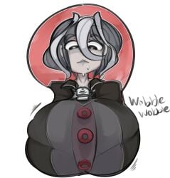 big_breasts black_and_white_hair bouncing_breasts female female_only fully_clothed gigantic_breasts grey_fur hair_between_eyes huge_breasts looking_down made_in_abyss mousepad ozen robotic_alien short_hair solo sound_effects sweatdrop two-tone_hair upper_body wobble wobbling_breasts