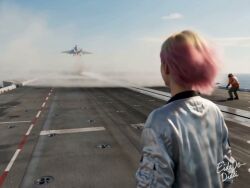 1girls ace_combat ai_generated aircraft_carrier breasts dialogue eidedodidei female jacket jet_fighter multicolored_hair nipples nude outdoor_nudity outdoors pants pov pussy self_upload short_hair shorter_than_30_seconds tagme undressing video voice