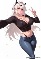 1girl 2026 ai_generated anime bangs black_nails black_panties black_shirt boobs breasts bubble_blowing chewing_gum cleavage collarbone covered_nipples crop_top crossover demon_horns denim earrings eye_contact female female_focus hair_accessory hair_ornament hairband highleg highleg_panties highres horns hoyoverse huge_breasts jeans jewelry large_breasts long_hair long_sleeves looking_at_viewer midriff mihoyo nail_polish navel nsfw panties pants patreon patreon_username rognezart selfie shirt simple_background solo underwear v very_long_hair white_background white_hair yellow_eyes yixuan_(zenless_zone_zero) zenless_zone_zero