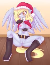 anthro anthrofied belt blonde_hair boots breasts christmas clothing derp_eyes derpy_hooves english_text equine female fingerless_gloves friendship_is_magic gloves hair hat holidays horse mammal my_little_pony nipples note nude paper pegasus pony pussy santa_hat shirt_lift sitting solo text wings yellow_eyes