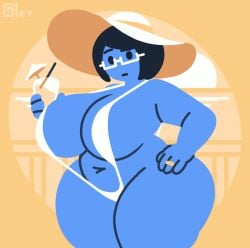 1girls animated bikini black_eyes black_hair blue_skin breasts chubby chubby_female corporate_art corporate_memphis drink female_only gif glasses hat huge_breasts married_female mature_female milf mob_face octotron2000 plump ring self_upload short_hair sling_bikini slingshot_swimsuit solo solo_female thick_thighs wedding_ring