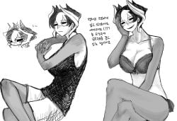 big_breasts blush bra cleavage female female_only hair_between_eyes korean_text looking_at_viewer made_in_abyss monochrome ozen ozen_kanojo short_hair sitting smile solo tank_top two-tone_hair
