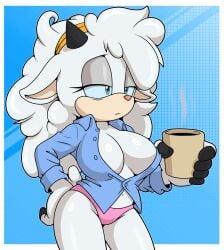 1girls big_breasts coffee female idw_publishing lanolin_the_sheep open_shirt sega sheep solo sonic_the_hedgehog_(comics) sonic_the_hedgehog_(idw) sonic_the_hedgehog_(series) sonicguru thick_thighs underwear