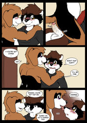 animal_genitalia anthro blush canine canine_penis comic conner_(sydneysnake) english_text fur furry licking mammal penis raccoon sydneysnake text tj_(sydneysnake) tongue tony_(sydneysnake)