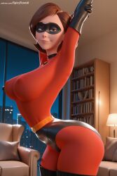 1girl ai_generated arms_up artist_name ass breasts brown_hair domino_mask from_side gloves helen_parr hi_res high_quality high_resolution large_breasts latex leotard lips looking_at_viewer mask patreon seductive sexy short_hair smile solo spicytoonai standing superhero the_incredibles thighhighs uncensored watermark