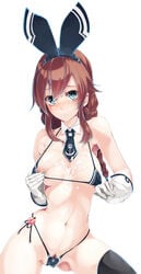 aqua_eyes areola_slip areolae bikini blush braid breasts brown_hair cum cum_on_body female gloves kantai_collection long_hair micro_bikini necktie noshiro_(kantai_collection) ruuto_(sorufu) single_thighhigh solo swimsuit thighhighs twin_braids white_background white_gloves