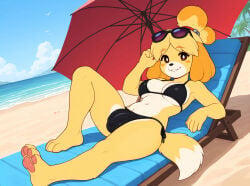 ai_generated animal_crossing anthro beach beach_chair bell bikini bikini_bottom bikini_top black_clothing black_swimwear blonde_hair breasts brown_eyes bulge canid canine canis clothing day dipstick_tail domestic_dog eyewear eyewear_on_head floppy_ears full-length_portrait fur futanari hair hi_res intersex isabelle_(animal_crossing) looking_at_viewer lounging lying mammal markings multicolored_body multicolored_fur navel nintendo no_sclera on_back palm_tree parasol pawpads plant plantigrade ponytail portrait raised_leg sea seaside smile smiling_at_viewer solo sunglasses sunglasses_on_head swimwear tail tail_markings three-quarter_view tree two_tone_body two_tone_fur water white_body white_fur yellow_body yellow_fur