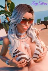 1boy 1girl 3d 3d_(artwork) beach bikini bikini_top bra cum fortnite fortnite:_battle_royale glasses huntress_dylan_(fortnite) lexyst0rm lipstick long_hair nails_painted sex smile titfuck titjob tits white_hair