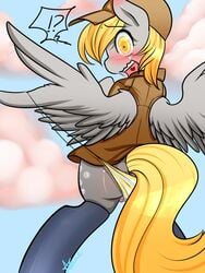 2013 ass azugarlic blonde_hair blush clothing cloud cutie_mark day derpy_hooves equine female friendship_is_magic fur grey_fur hair hat horse mammal my_little_pony open_mouth outdoors panties pegasus pony pussy pussy_juice sky solo underwear wings yellow_eyes