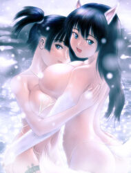 2girls animal_ears black_hair blue_eyes breasts female fur hug huge_breasts jpeg_artifacts licking long_hair multiple_girls onsen s_zenith_lee short_twintails smile snow snowing tail tied_hair tongue twintails yuri