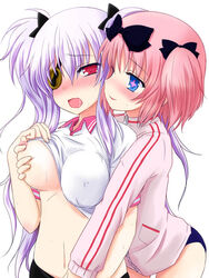 +_+ 2girls blue_eyes blush bow breast_grab breasts buruma female fingering groping groping_breasts groping_from_behind hair_ornament hairbow hibari_(senran_kagura) kazami_ruku large_breasts long_hair multiple_girls navel nipple_tweak nipples open_mouth pink_hair red_eyes senran_kagura short_hair short_twintails simple_background sweat sweaty_breasts symbol-shaped_pupils tied_hair twintails undressing white_hair yagyuu_(senran_kagura) yuri