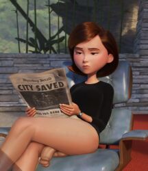 1futa balls black_shirt bob_cut dandypixelmoto flaccid flaccid_penis futanari helen_parr legs_crossed luxury_room penis reading reading_newspaper sitting the_incredibles the_incredibles_2 thighs tired tired_expression watch