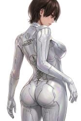 1girl ass ass_focus back_view bodysuit breasts brown_eyes brown_hair closed_mouth commentary english_commentary evie_(stellar_blade) expressionless female female_focus from_behind hair_over_one_eye highres impossible_bodysuit impossible_clothes light-skinned_female lips looking_at_viewer medium_breasts nonsexual pale_skin parted_lips petite plugsuit short_hair simple_background skin_tight skintight_clothing solo solo_focus standing stellar_blade stellar_blade:_blood_rain tagme thigh_gap timediffer24 tomboy upper_body white_background white_bodysuit