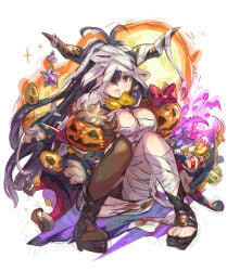 1girl ahoge antenna_hair bandaged_arm bandaged_leg bandages black_hair black_thighhighs boots breasts brown_gloves candy cleavage commentary_request danua danua_(halloween)_(granblue_fantasy) demon_horns doll draph dress fingerless_gloves food full_body gloves granblue_fantasy gretel_(granblue_fantasy) hair_between_eyes halloween hansel_(granblue_fantasy) high_heels horns large_breasts large_horns large_ribbon long_earlobes long_hair looking_to_the_side one_eye_covered open_mouth pants pumpkin pumpkin_hat red_pants red_ribbon ribbon single_thighhigh sitting sketch stuffed_toy teeth thighhighs tongue upper_teeth_only very_long_hair white_background yellow_ribbon