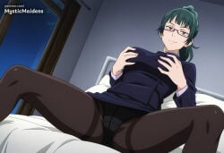 1girl ai_generated anime anime_style bed black_panties black_pantyhose breasts glasses grabbing_own_breast green_hair hentai hi_res jacket jujutsu_kaisen large_breasts long_hair looking_at_viewer maki_zenin mystic_maidens on_bed panties panties_under_pantyhose pantyhose patreon ponytail skirt smile solo spread_legs underwear zenin_maki