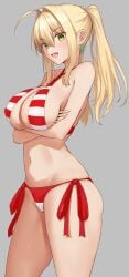 1girls ahoge akatsuki_ikki arms_under_breasts bikini blonde_hair blush breasts cleavage commentary_request criss-cross_halter crossed_arms earrings fang fate/grand_order fate_(series) from_side green_eyes grey_background halterneck highres jewelry large_breasts navel nero_claudius_(fate) nero_claudius_(swimsuit_caster)_(fate) open_mouth round_teeth side-tie_bikini_bottom sidelocks skin_fang sling_bikini_top solo striped_bikini striped_clothes swimsuit teeth thighs twintails