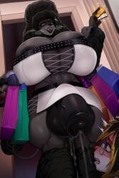 2girls bag black_fur black_hair blonde_tips blush breasts brigitte_(itsreallyrocket) colored_tips commentary credit_card dog_girl english_commentary furry furry_female futanari glasses highres huge_breasts ian_(itsreallyrocket) multicolored_hair multiple_girls open_mouth original penis picturd shopping_bag sparkle teeth