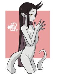 1girl absurdres brown_hair chiwa_(fcwv5738) colored_inner_hair colored_sclera colored_skin commentary_request completely_nude cowboy_shot flat_chest grey_skin highres horns long_hair looking_at_viewer multicolored_hair nipples nude original own_hands_together pink_background pointy_ears simple_background solo tail very_long_hair white_eyes yellow_sclera