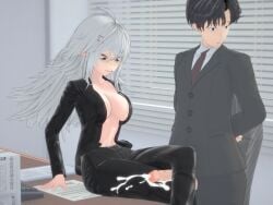 1male1female ahoge big_breasts blue_eye cum demon demon_girl disgust disgusted disgusted_expression disgusted_look ejaculation female geega glasses grey_hair heterochromia indie_virtual_youtuber kneejob koikatsu koikatsu_(medium) large_breasts light-skinned_female long_hair looking_at_penis male male/female male_ejaculation midriff office office_clothing office_lady open_shirt pointy_ears red_eye sitting_on_desk virtual_youtuber vtuber