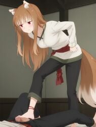1boy 1girls ai_generated animal_ear_fluff animal_ears bad_feet black_pants blunt_bangs breasts brown_hair civitai civitai_lora clothed_female exposed exposed_breasts exposed_pussy feet female footjob holo holo_(spice_and_wolf) human_female illustrious_(stable_diffusion) illustrious_xl indoors kemonomimi long_hair medium_breasts nipples nude penis pussy red_eyes sash sdxl skinny solo spice_and_wolf stable_diffusion tagme tail vgt13 wai-nsfw-illustrious-sdxl white_shirt wolf_ears wolf_girl wolf_tail