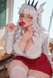 ai_generated cleavage crown glasses heart-shaped_pupils heart_eyes helltaker licking lolipop long_hair long_sleeves lucifer_(helltaker) pleated_skirt red_skirt sexually_suggestive sugyx uncensored white_shirt white_thighhighs