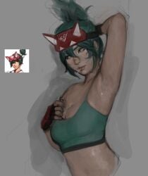 1girls armpits arms_up blizzard_entertainment fatteacoffee female kiriko_(overwatch) overwatch overwatch_2 presenting_armpit sports_bra