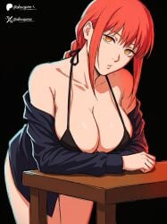 1girls almost_naked almost_nude artist_name artist_signature bending_forward black_background breasts breasts_focus chainsaw_man cleavage clothing dewspire g_string hips jacket leaning_forward leaning_on_table looking_at_viewer loose loose_clothes makima_(chainsaw_man) red_eyes shading skimpy solo solo_female table thick_thighs thighs wide_hips yellow_eyes
