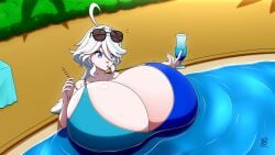 1girls 2026 big_breasts blue_eyes bra breast_expansion cleavage commission furina_(genshin_impact) genshin_impact hoyoverse huge_breasts hyper_breasts massive_breasts pool solo solo_female sunglasses_on_head swimsuit tagme white_hair ydbunny