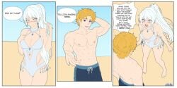 1boy 1boy1girl 1girls beach blonde_hair blue_eyes blushing ibanews1 jaune_arc light-skinned_female light-skinned_male rwby swimsuit text text_bubble weiss_schnee white_hair