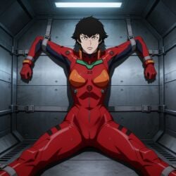 angry angry_expression angry_face arms_outstretched asuka_langley_sohryu_(cosplay) bdsm bodysuit bondage captured captured_heroine clenched_teeth cosplay damsel_in_distress dark_hair dark_hair_female eye_contact feet_apart frustrated frustration in_trouble lady_(devil_may_cry:netflix) locked_arms locked_up looking_at_viewer panic red_bodysuit red_clothing strapped stressed struggling struggling_female tight_bodysuit