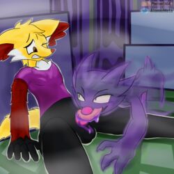 anthro atomicmeta bottomless canid canine clothed clothing delphox fog fox ghost girly haunter male male/male mammal nintendo oral pokémon_(species) pokemon redwin_blazeson scared slime spirit video_games