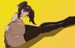 blush breasts brown_eyes brown_hair cowpersurfer hand_on_ass kujikawa_rise looking_at_viewer panties partially_clothed persona persona_4 pussy simple_background skirt sweat tagme thighhighs