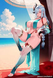 1girl ai_generated aqua_nails balecxi bare_shoulders beach blue_eyes blue_nails blue_sky braid breast_curtain breast_curtains bridal_legwear day feet full_body genshin_impact grey_hair hair_ornament hair_over_one_eye jewelry large_breasts legs long_hair looking_at_viewer nail_polish navel no_shoes outdoors shenhe_(genshin_impact) smile solo stirrup_legwear tassel tassel_earrings thighhighs thighs toeless_legwear toenail_polish toenails toes