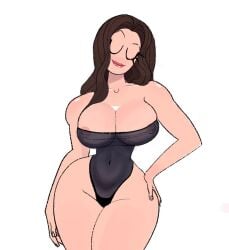 bodysuit breasts brown_hair closed_eyes front_view hand_on_hip large_breasts long_hair navel nipples original original_character see-through slim_waist smile tagme thick_thighs tight_clothing vanillasketchy voluptuous white_background wide_hips