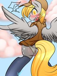 2013 anus ass azugarlic blonde_hair blush clothing cloud cutie_mark day derpy_hooves equine female friendship_is_magic fur grey_fur hair hat horse mammal my_little_pony open_mouth outdoors panties pegasus pony pussy pussy_juice see-through see-through_panties sky solo underwear wings yellow_eyes