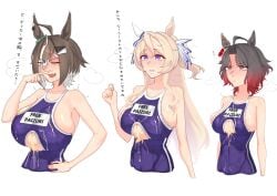3girls absurdres after_paizuri ahoge animal_ears black_hair blonde_hair blue_eyes blue_one-piece_swimsuit blush breasts brown_hair center_opening closed_eyes clothing_cutout commentary_request cum cum_on_body cum_on_breasts cum_on_clothes ear_covers ear_flower ear_ornament ear_ribbon english_text gradient_hair hair_ornament hair_over_one_eye highres horse_ears horse_girl large_breasts long_hair mismatched_ear_covers multicolored_hair multiple_girls nontraditional_school_swimsuit one-piece_swimsuit open_mouth rose_kingdom_(umamusume) rulership_(umamusume) school_swimsuit shinjuku126686 short_hair single_ear_cover smile streaked_hair swimsuit two-tone_hair umamusume victoire_pisa_(umamusume) white_streaks