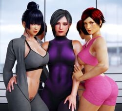 3d 3girls abs ada_wong ada_wong_(adriana) areolae ass black_hair blender bodysuit bra breasts breasts_out crossover curvy curvy_figure dead_or_alive enslaverofhumanity exercise_clothing hair_bun hand_on_arm hand_on_hip hand_on_thigh hi_res high_resolution large_filesize lipstick looking_at_viewer midriff mila_(doa) mirror mole mole_under_mouth multicolored_hair multiple_girls nipples nyotengu pubic_hair red_hair resident_evil resident_evil_4 shirt_lift short_hair skin_tight skin_tight_suit sports_bra sportswear tied_hair unzipped unzipped_bodysuit