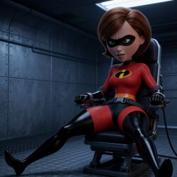 ai_generated bdsm before_rape black_heels bodysuit bondage brown_eyes brown_hair chair chair_bondage damsel_in_distress elastigirl gaze helen_parr high_heel_boots high_heeled_boots high_heels highres in_trouble poking preparing red_clothing sitting staring strapped_down strapped_in superhero superhero_costume superheroine test_subject tight_clothes tight_clothing wide_hips