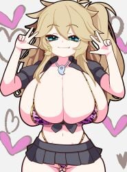 1girls bikini black_jacket black_skirt blonde_hair breasts double_v heart huge_breasts kasukabe_tsumugi long_hair micro_bikini miniskirt navel necklace open_jacket pleated_skirt ponytail q6akira skin_fang skindentation solo v voicevox white_background