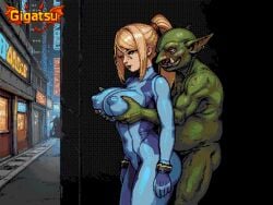 2026 2d 2d_(artwork) ai_art ai_assisted ai_generated cuckolding dithering gigatsu goblin goblin_male grabbing grabbing_another's_breast grabbing_from_behind limited_palette metroid netorare nintendo patreon patreon_username pixel_(artwork) pixel_art retro retro_artstyle samus_aran voyeurism zero_suit_samus