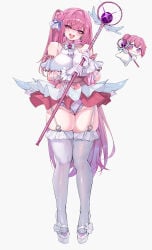 1girl absurdly_long_hair absurdres alternate_costume alternate_hairstyle bare_shoulders blush breasts chinese_commentary colored_petticoat commentary_request corset doro_(nikke) dorothy_(nikke) earrings frilled_thighhighs frills full_body garter_straps gloves goddess_of_victory:_nikke hair_between_eyes hair_bun highres holding holding_staff huge_breasts jewelry long_hair microskirt one_side_up open_mouth panties petticoat pink_corset pink_hair purple_eyes purple_panties pussy shirt shoes short_sleeves single_side_bun skirt staff teeth thighhighs tongku_jue_jie underwear upper_teeth_only very_long_hair white_background white_garter_straps white_gloves white_shirt white_shoes white_skirt white_thighhighs wrist_cuffs