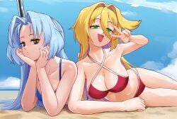 100_percent_orange_juice beach beach_umbrella bedroom_eyes bikini blonde_female blonde_hair_female blue_hair blue_swimsuit female flirty green_eyes laying_on_sand light_blue_hair orange_juice_(company) peace_sign rainbow_eyes red_swimsuit sand sora_(orange_juice) star_breaker_(orange_juice) swimsuit umbrella unamused
