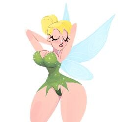armpits arms_up blonde_hair blush breasts cleavage closed_eyes disney dress fairy hands_behind_head large_breasts panties posing slim_waist sparkles tagme thick_thighs tied_hair tinker_bell underwear vanillasketchy wide_hips wings
