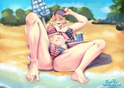 1girl 4th_of_july alternate_version_available american_flag american_flag_bikini american_flag_print american_flag_print_panties beach bikini breasts camel_toe commission feet flag_print flag_print_bikini headgear iowa_(kancolle) kantai_collection large_breasts looking_at_viewer muscles outdoors panties perky_nipples print_bikini print_panties ryufboi solo star-shaped_pupils swimsuit symbol-shaped_pupils underwear vgen_commission visible_nipples
