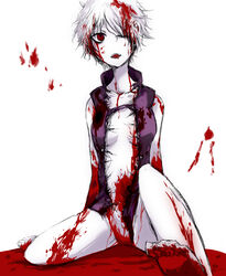 .flow barefoot blood breasts expressionless female full_body guro looking_at_viewer open_mouth red_eyes sabitsuki selective_color short_hair simple_background sitting solo torn_clothes white_hair wince