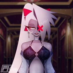 black_bra female female_focus female_only hazbin_hotel lingerie looking_at_viewer solo vaggi_(hazbin_hotel) vaggie_(hazbin_hotel)