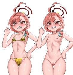 1girl absurdres ahoge akita_kang angry bikini blue_archive blush braid breasts gold_bikini halo highres multiple_views navel neru_(blue_archive) nipples nude orange_hair pussy red_eyes small_breasts swimsuit thigh_gap variant_set