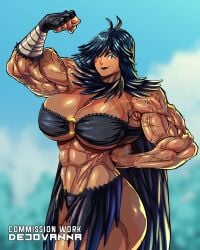1girls abs artist_name athletic athletic_female bandaged_arm black_hair black_lipstick blue_eyes bokeh commission commission_art dark-skinned_female dejovanna feathers flexing_arms flexing_muscles loincloth long_hair looking_at_viewer muscle_mommy muscle_veins muscular muscular_female original original_character toned toned_female watermark